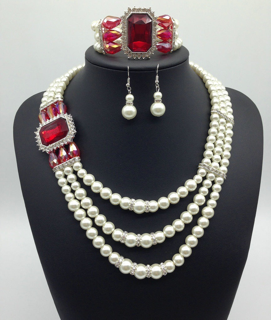 Diamant-Edelstein-Perlen-Halsketten- und Ohrring-Set in europäischem Stil
