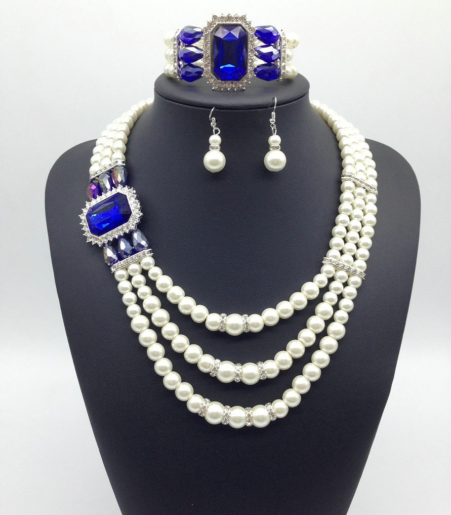 Diamant-Edelstein-Perlen-Halsketten- und Ohrring-Set in europäischem Stil