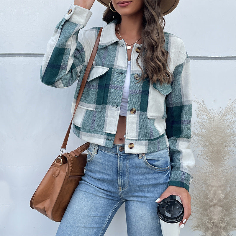 Karierte Kurze Jacke mit Revers und Taschen für Damen