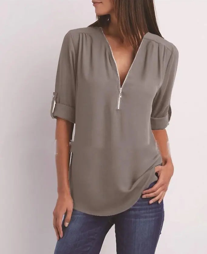Kurzhemd mit Frauen mit Zipper und V -Flick -Lose Top