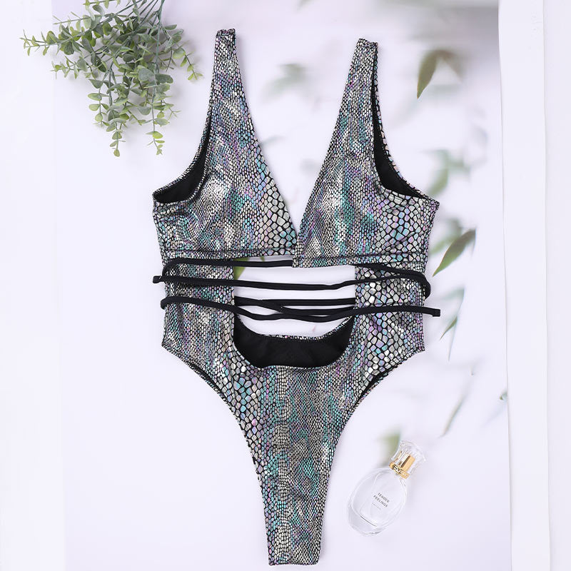 Bikini-Einteiler mit Schnürung - Damen Badeanzug mit Trägern