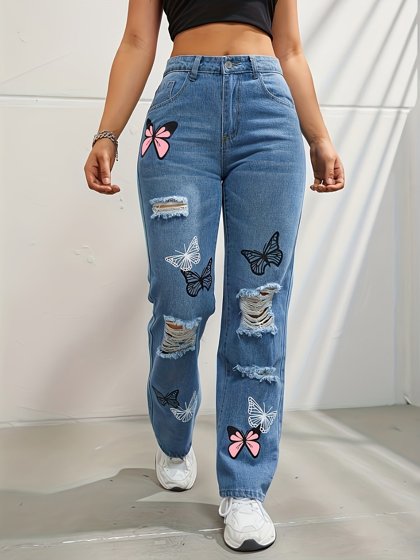 Schmetterlings-Print High-Waist-Jeans mit Rissen