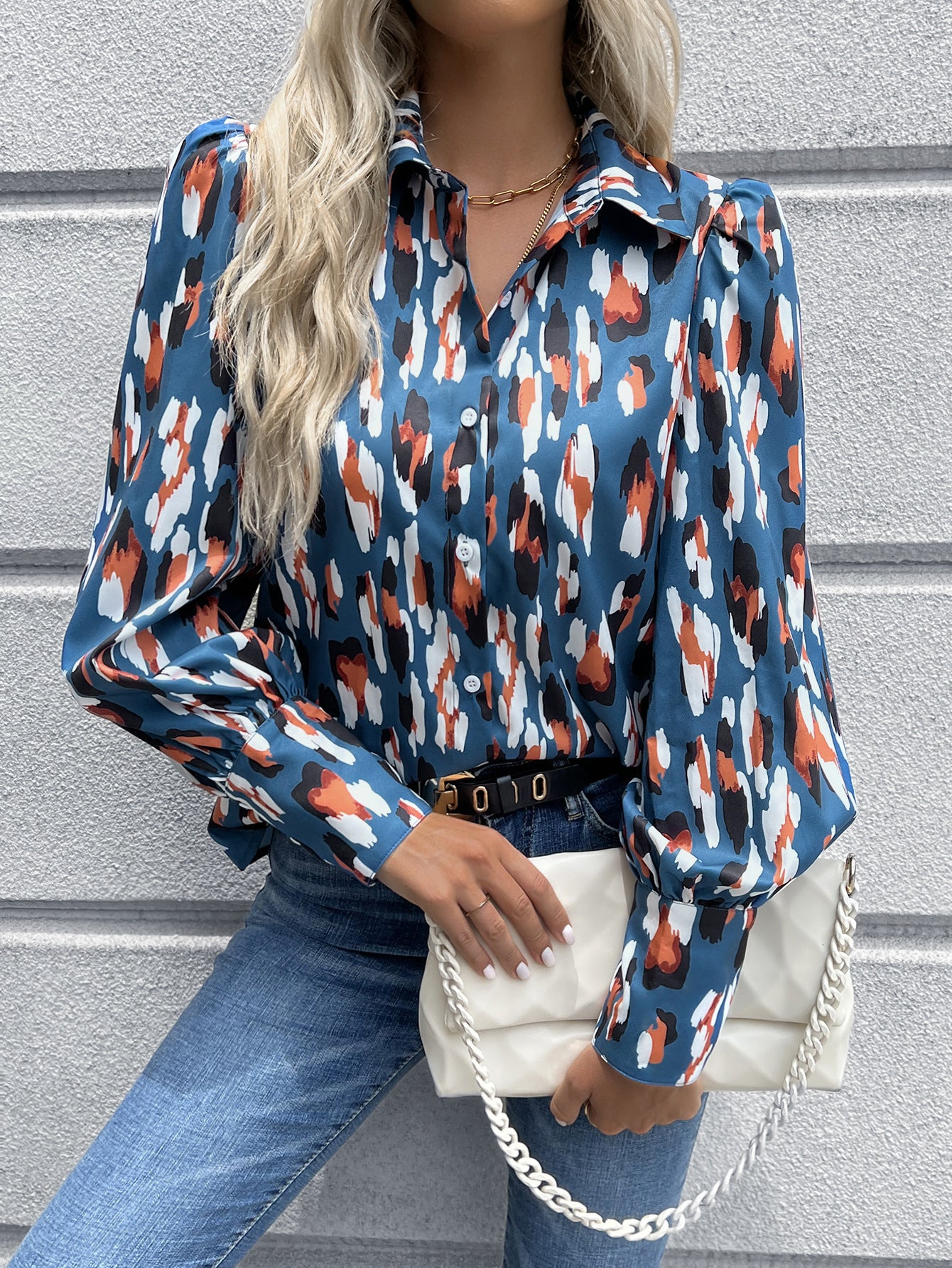 Elegantes Hahnentrittmuster Damenbluse mit Puffärmeln