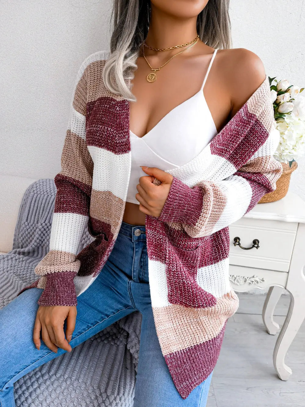 Damen Cardigan-Jacke mit Lässigen Laternenärmeln"