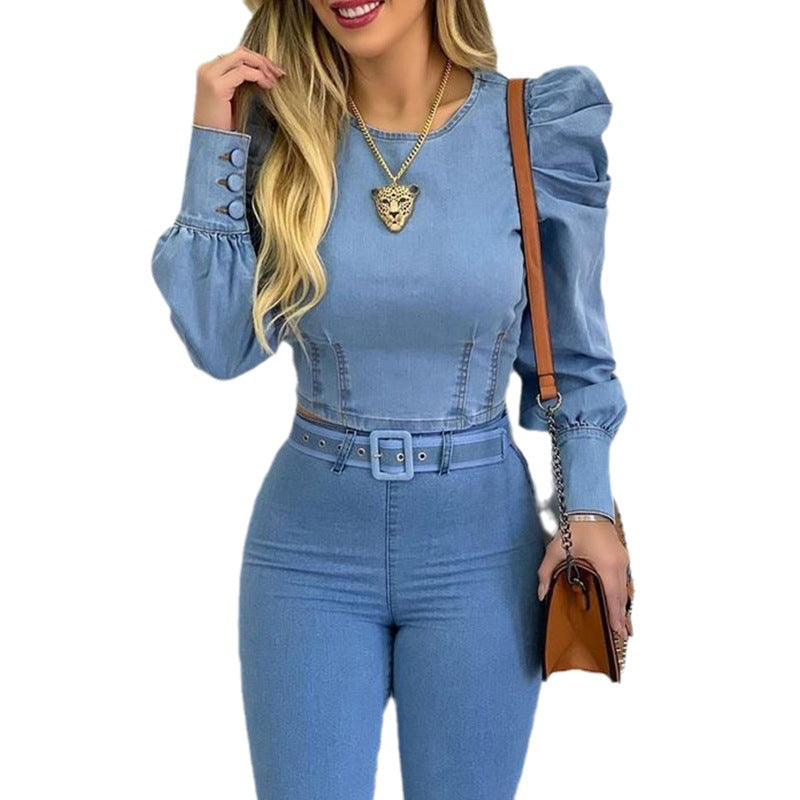 Damen Denim Langarmhemd mit kurzen Puffärmeln in einfarbiger Ausführung