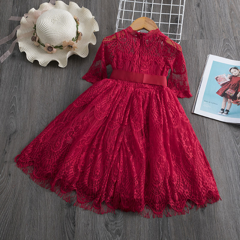 Frühlings- und Herbstkleid mit Spitze für Mädchen