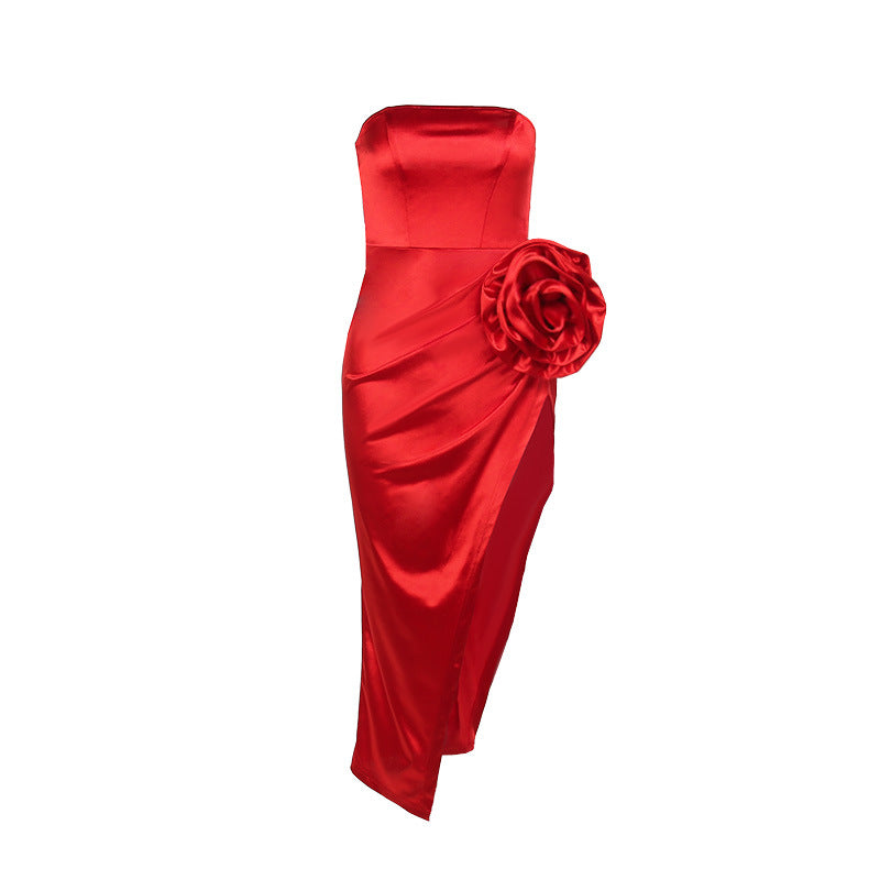 Rotes Blütenmeer Kleid mit hoher Taille und Rückenausschnitt