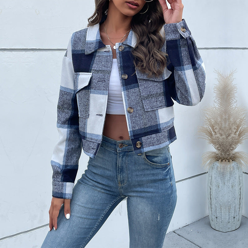 Karierte Kurze Jacke mit Revers und Taschen für Damen