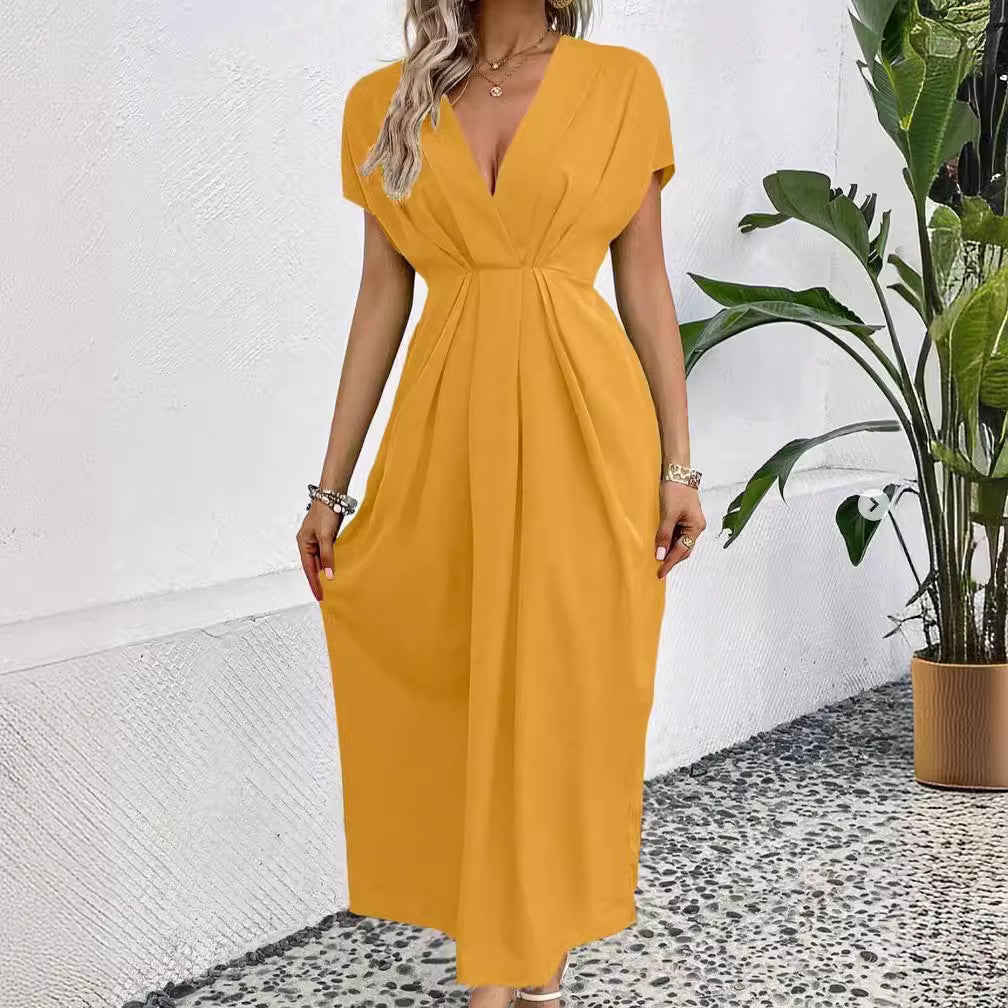 Uni-Farbe V-Ausschnitt Kleid