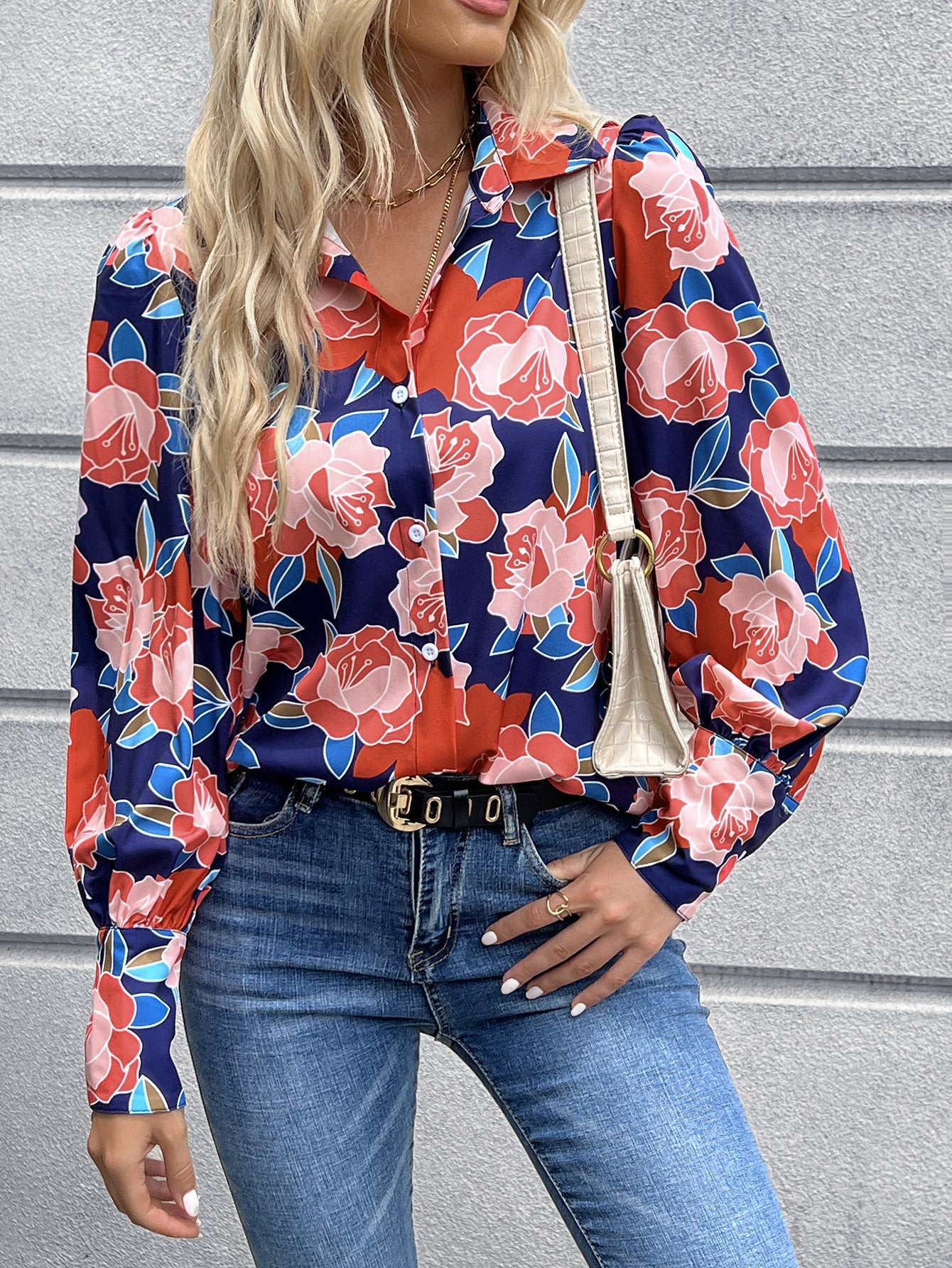 Elegantes Hahnentrittmuster Damenbluse mit Puffärmeln