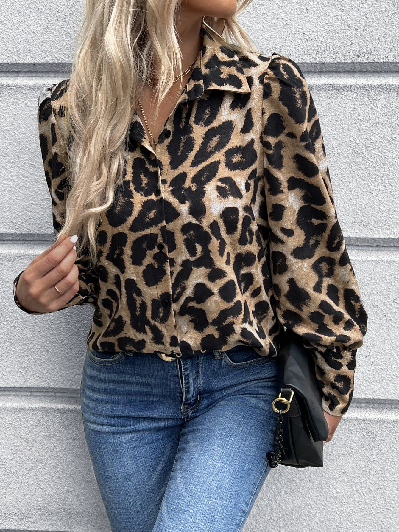 Elegantes Hahnentrittmuster Damenbluse mit Puffärmeln