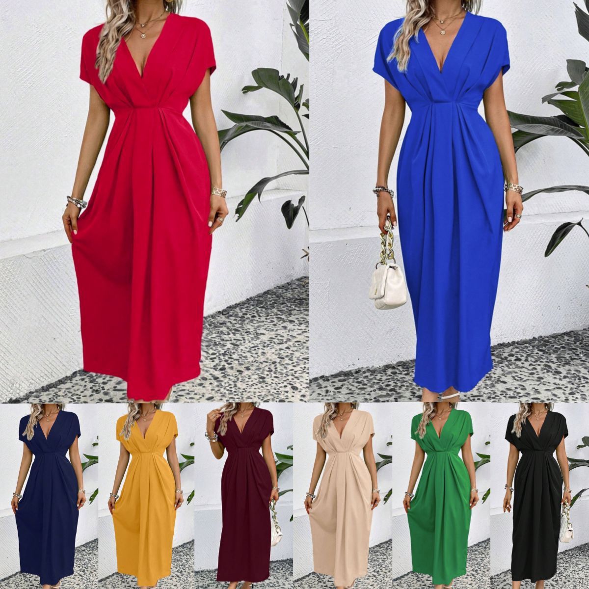 Uni-Farbe V-Ausschnitt Kleid