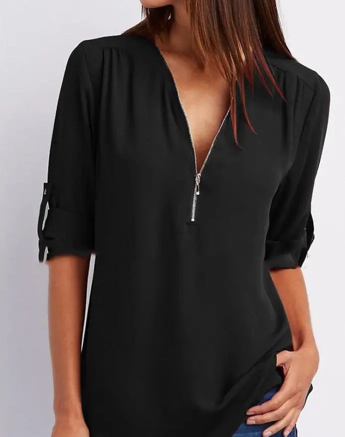 Kurzhemd mit Frauen mit Zipper und V -Flick -Lose Top
