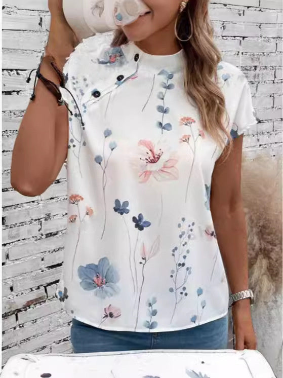 Damen Freizeit Stehkragen Kurzarm Digital bedrucktes Top T-Shirt