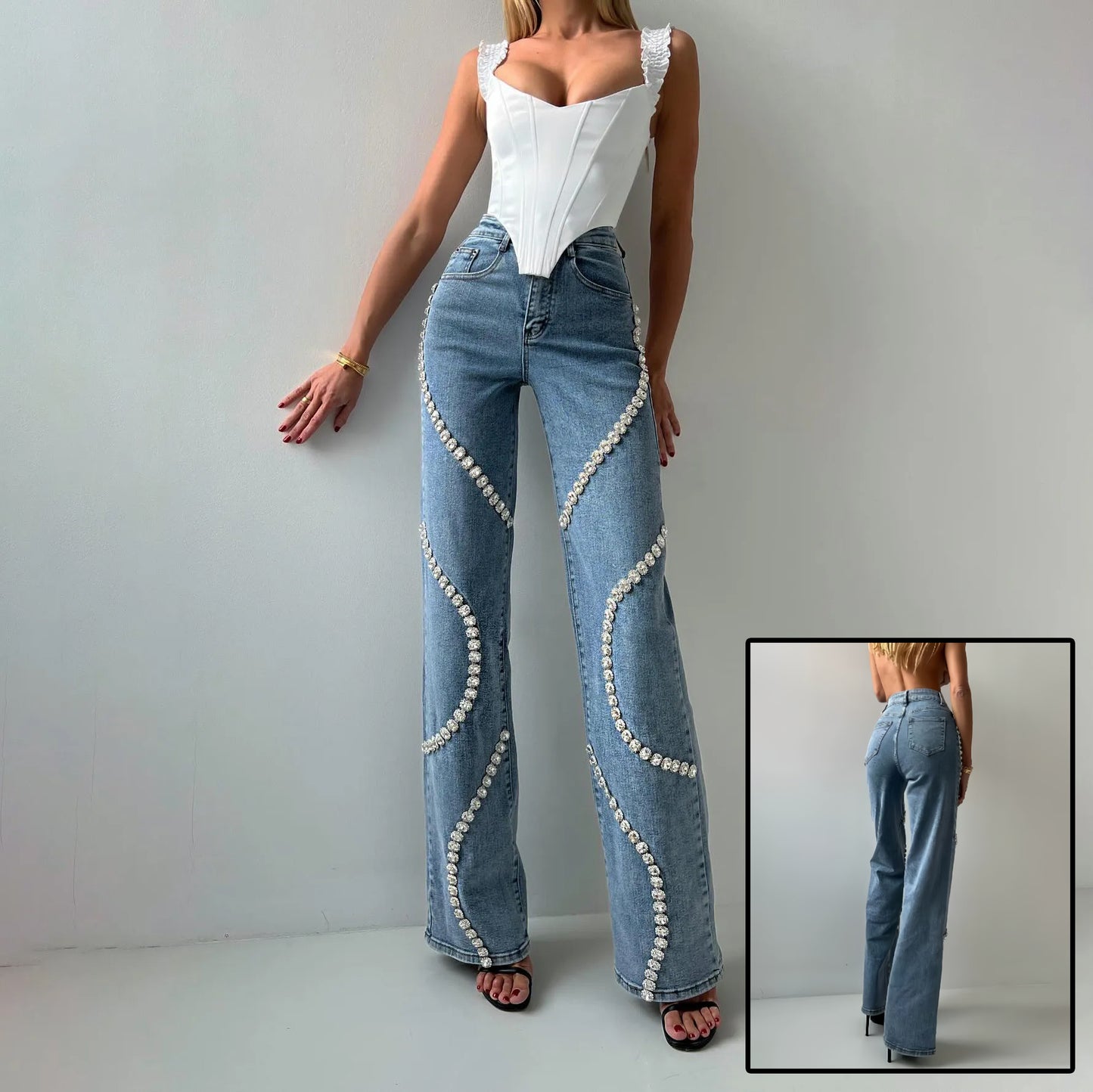 Lässige Gerade geschnittene Jeans mit Strasssteinen-Modische Damenhose