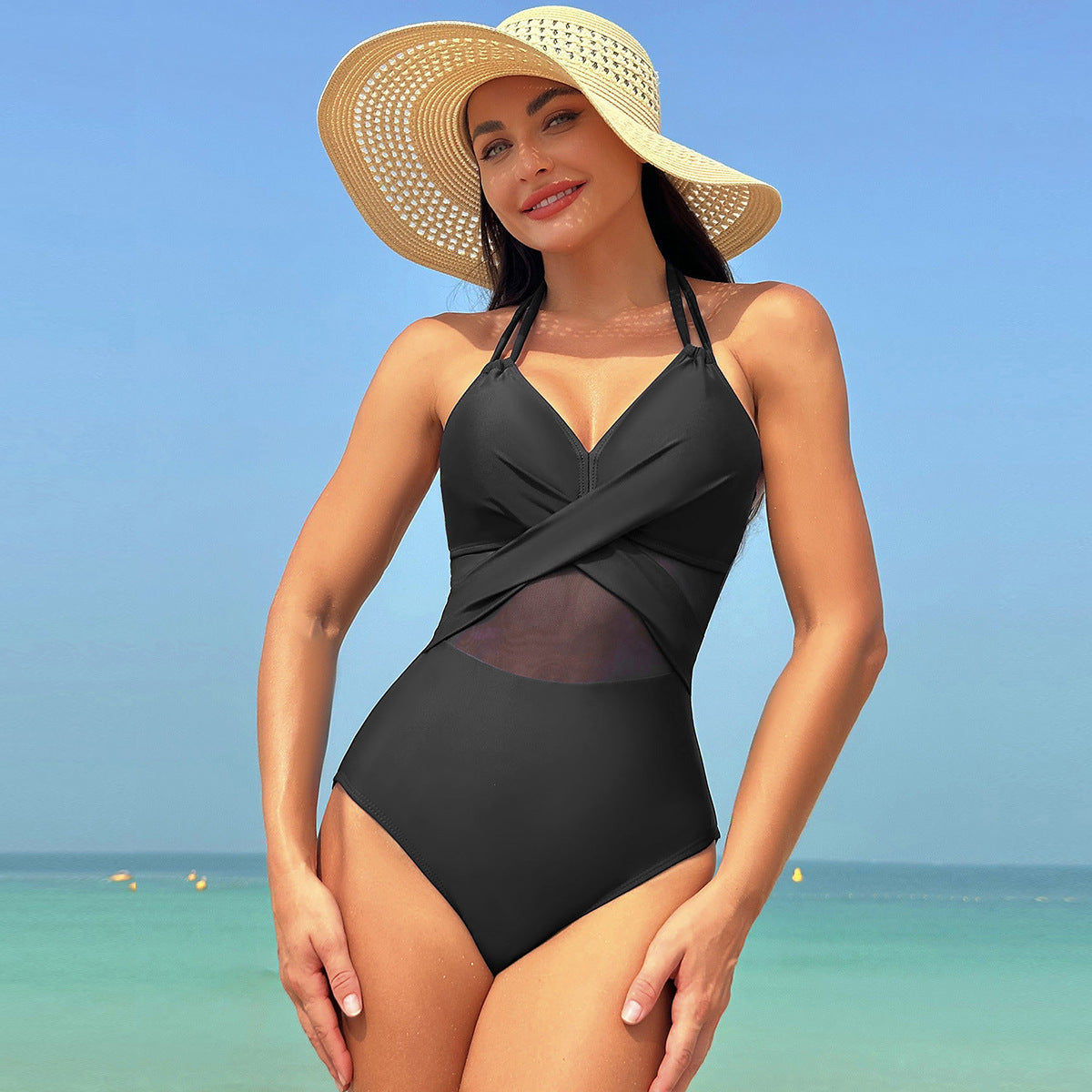 Einteiliger Badeanzug mit Halfter-Ausschnitt und Kreuzgurt-Design für Damen