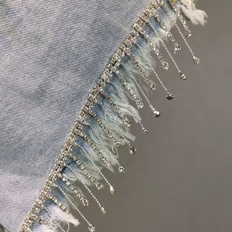Strass-Tassel-Jeansshorts mit hoher Taille