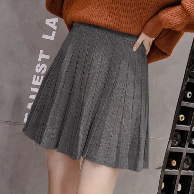 Damen Herbst- und Winterrock mit hoher Taille und gestrickten Falten