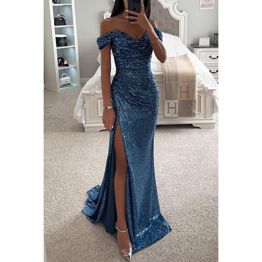 Party Pailletten Off-Neck-Split-Kleid