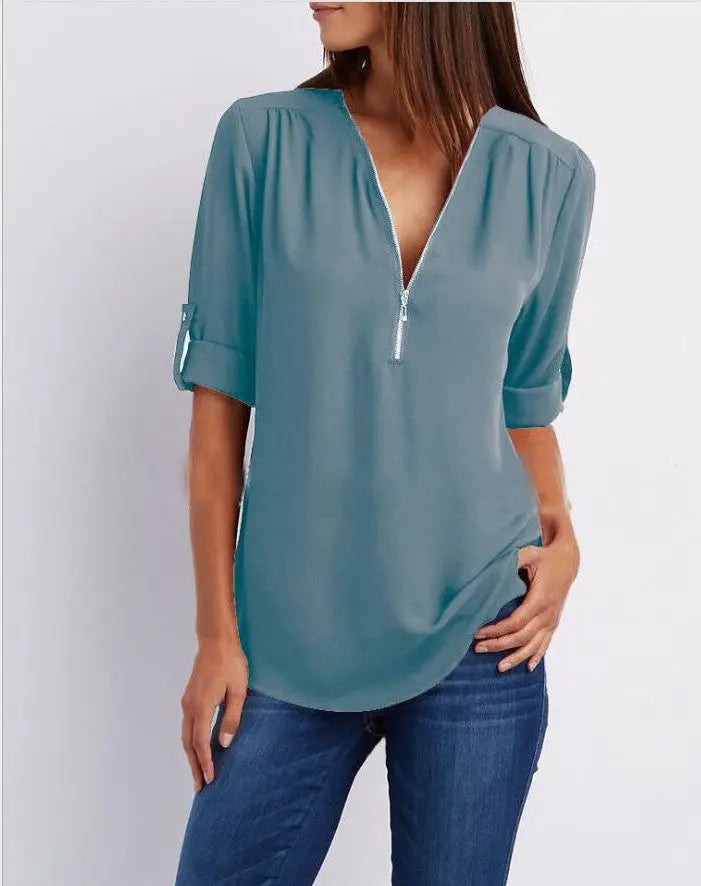 Kurzhemd mit Frauen mit Zipper und V -Flick -Lose Top