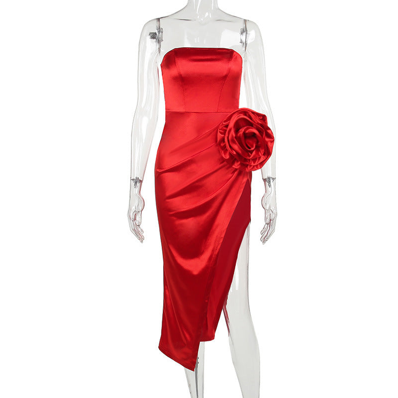 Rotes Blütenmeer Kleid mit hoher Taille und Rückenausschnitt