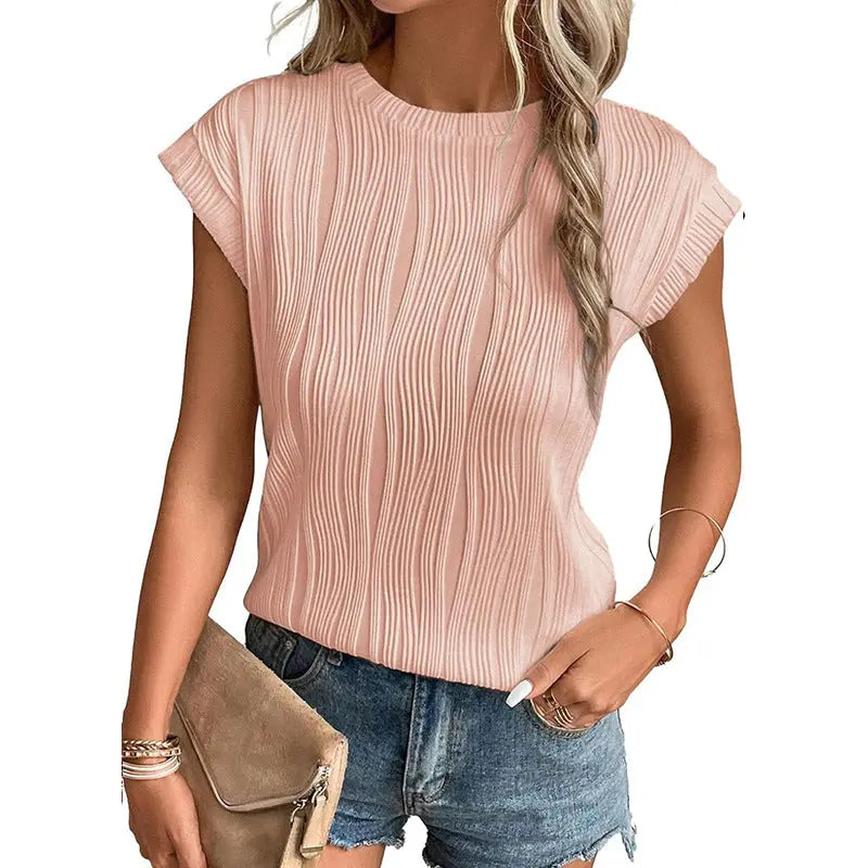 Einfarbiges Sommer-T-Shirt für Damen mit Rundhalsausschnitt und superkurzen Ärmeln