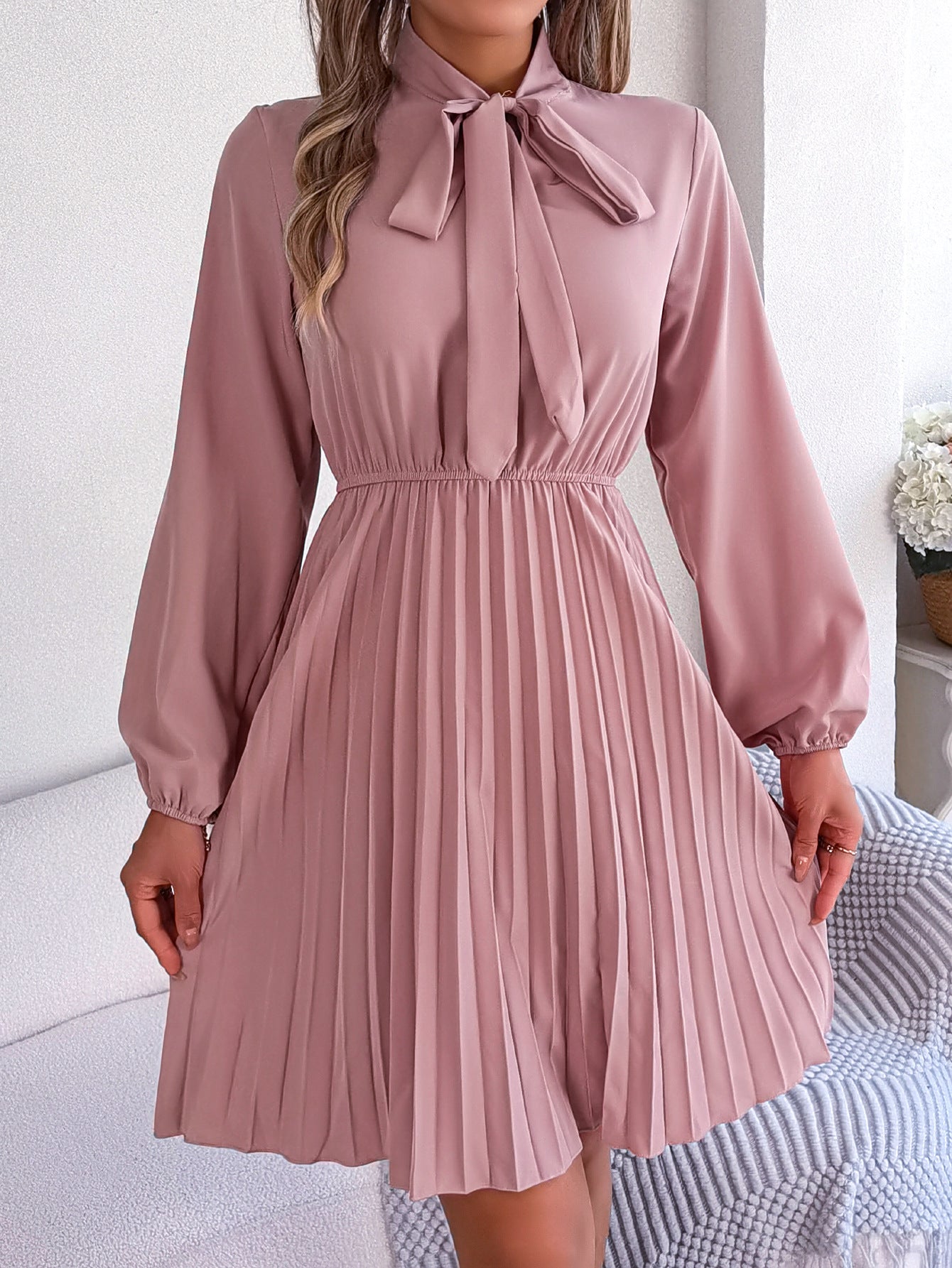Damen Langarmkleid mit Taillenschnürung