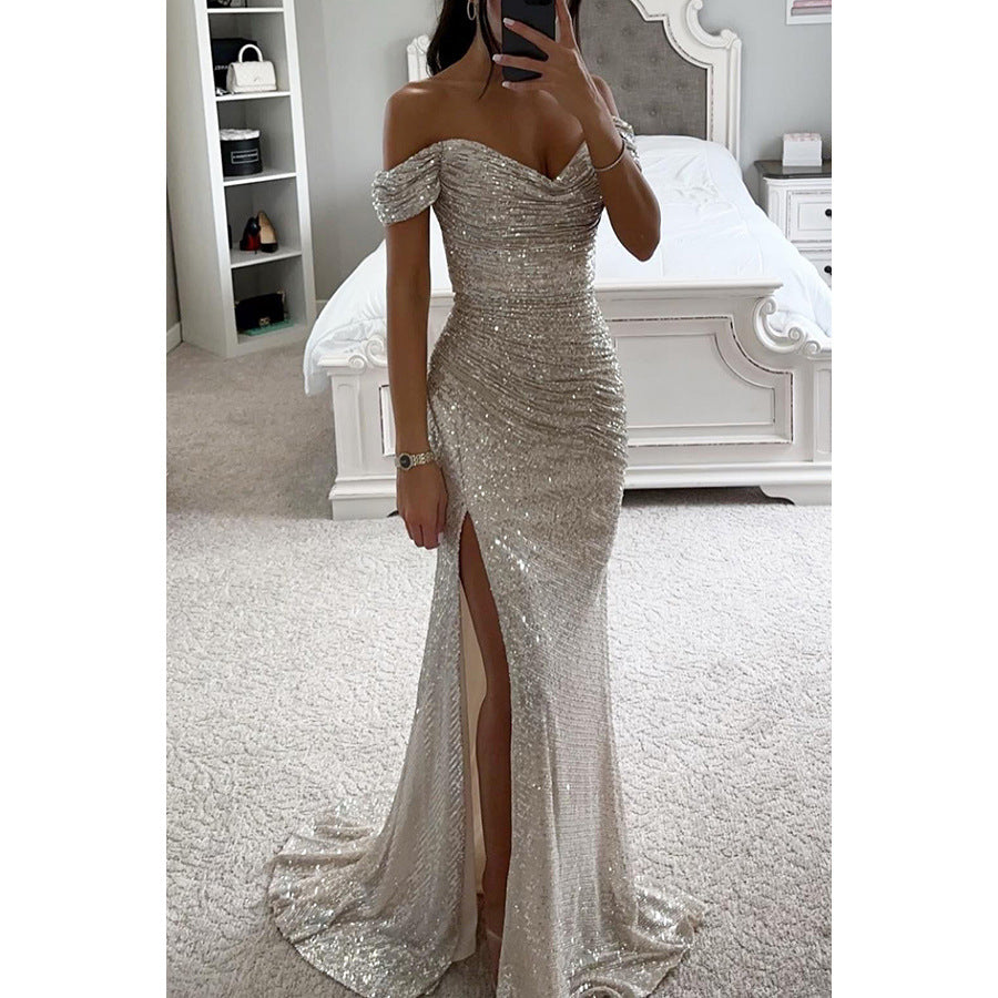 Party Pailletten Off-Neck-Split-Kleid