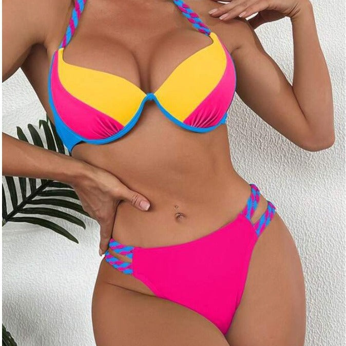 Damenmode-Temperament-Farbabstimmung Dreieck-Hoch-Taillen-Bikini-Badeanzug Zweiteiler