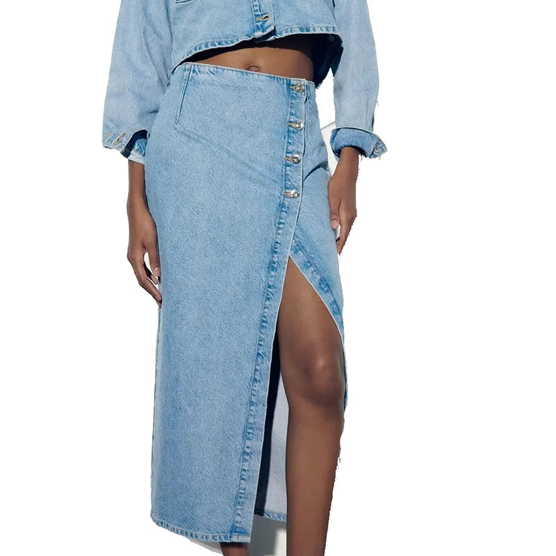 Hoch taillierter A-Linien-Schlitz-Denim-Rock für Damen