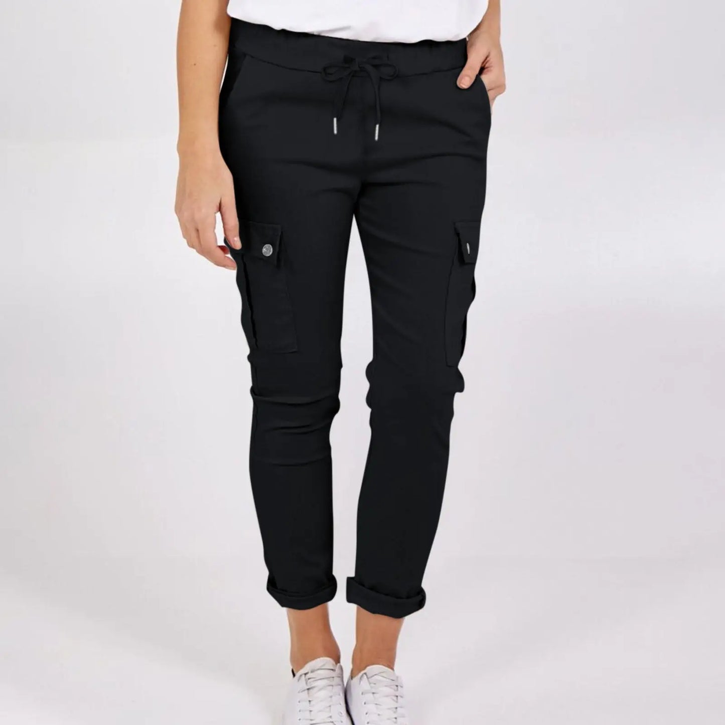 Lässige Cargo-Hose mit Taschen, einfarbig, mit Tunnelzug am Bund, Bleistifthose für Frauen