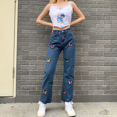 Damen Jeans mit Schmetterlingsmuster und geradem Schnitt