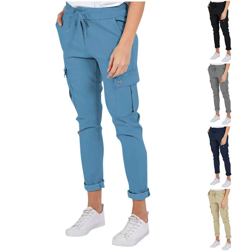 Lässige Cargo-Hose mit Taschen, einfarbig, mit Tunnelzug am Bund, Bleistifthose für Frauen