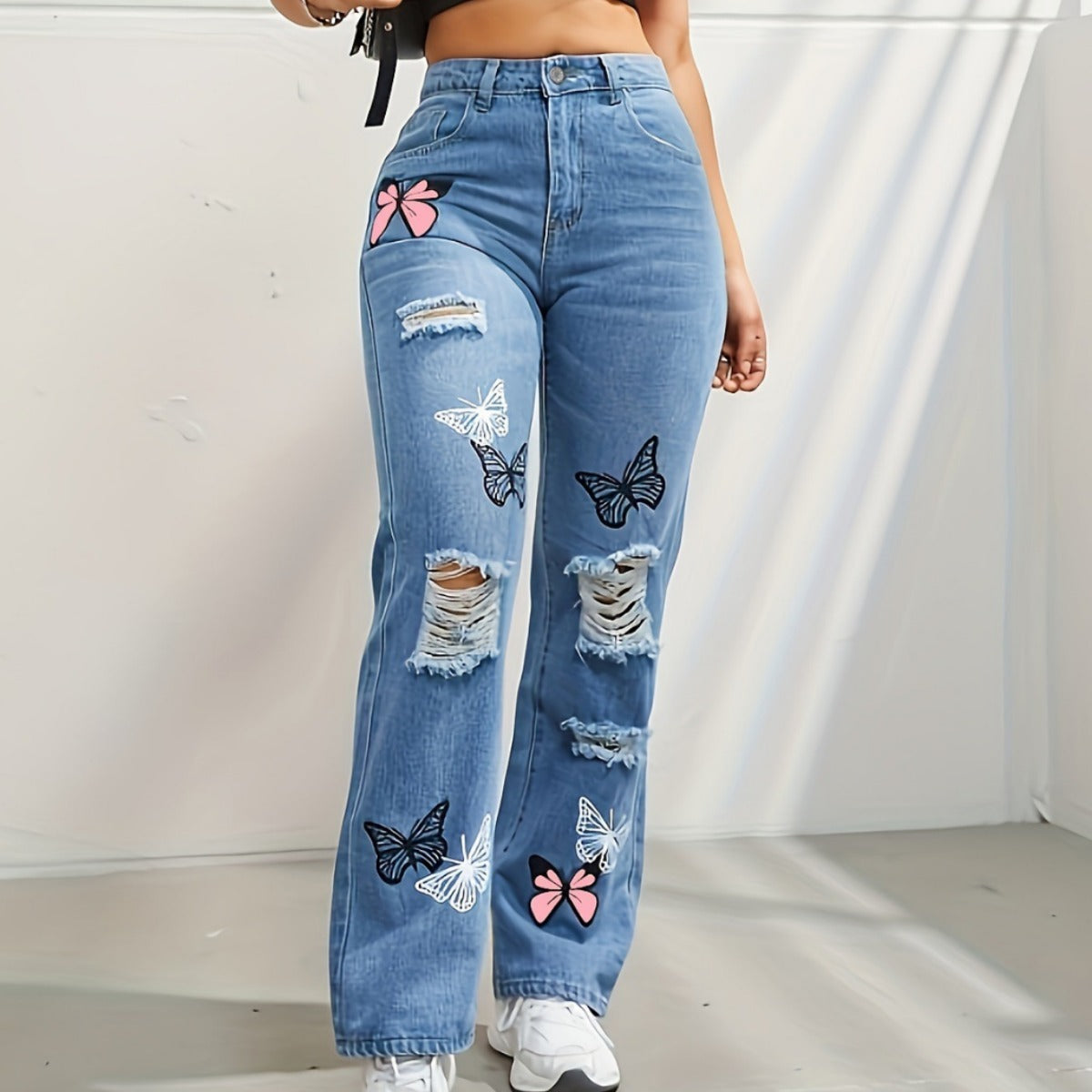 Schmetterlings-Print High-Waist-Jeans mit Rissen