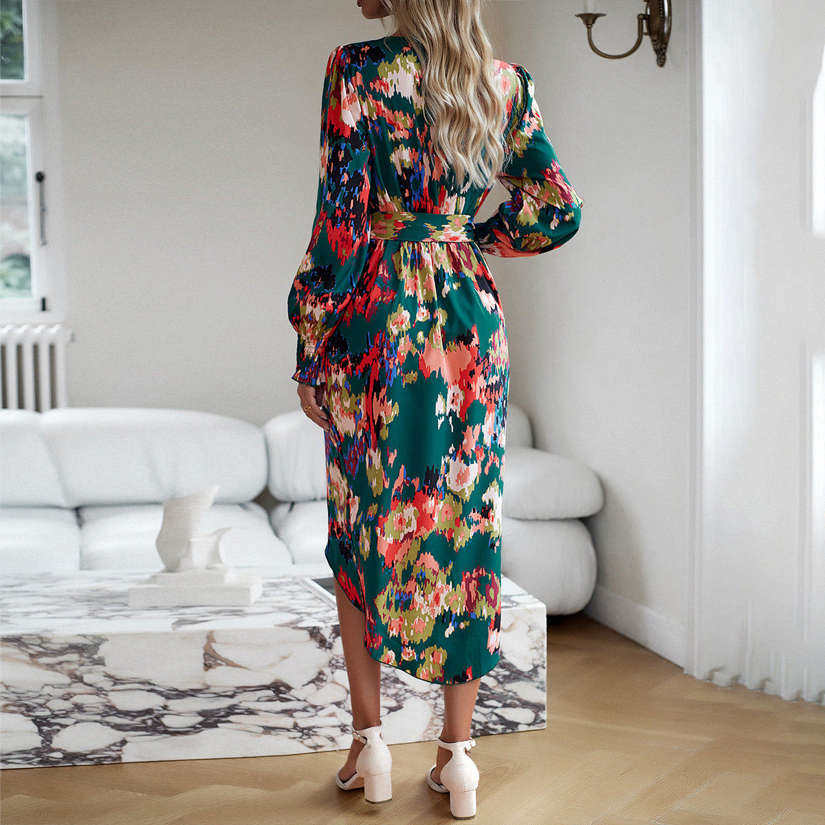 Herbst-Winter Bedrucktes V-Ausschnitt Kleid