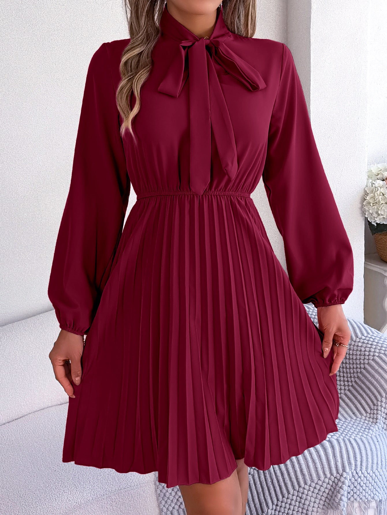Damen Langarmkleid mit Taillenschnürung