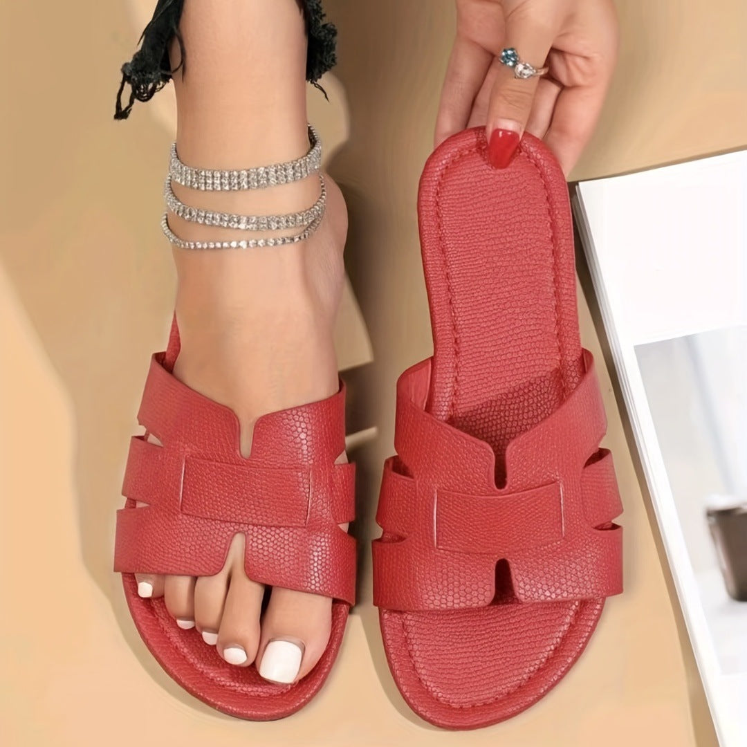 Sommerliche Hohle Quadratische-Zehen-Flats Damen-Sandalen Rutschen Hausschuhe