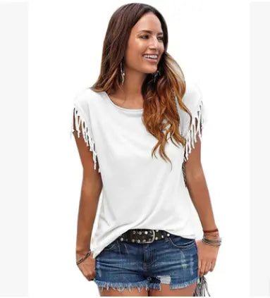 Damen Rundhalsausschnitt T-Shirt mit kurzen Ärmeln und Quasten-Manschetten - Baumwoll-Oberteil