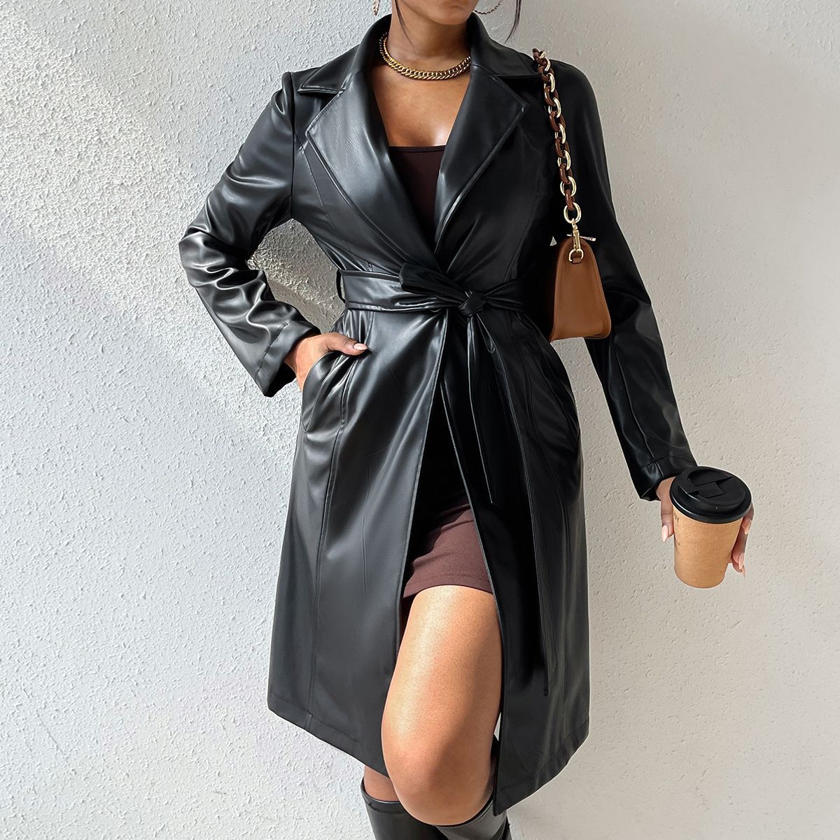 Damen Langärmliger PU-Trenchcoat mit schlanker Passform