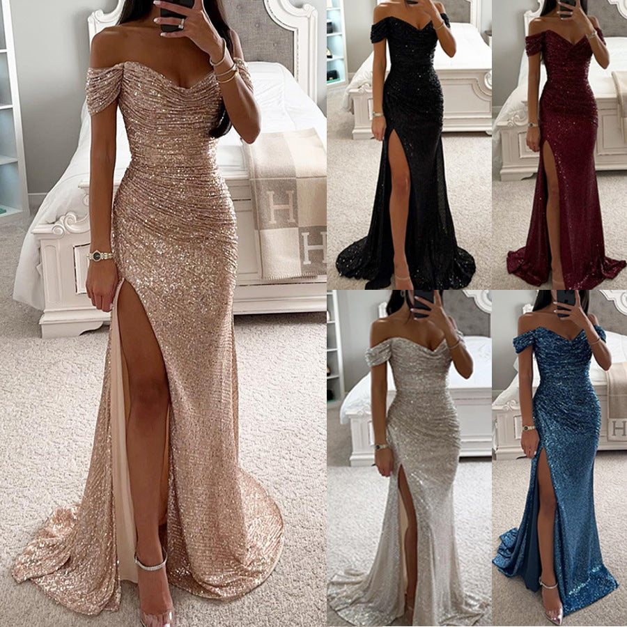 Party Pailletten Off-Neck-Split-Kleid