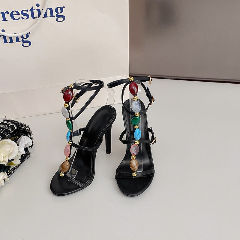 Damen Stiletto Heel Perlen Schnalle Sandalen