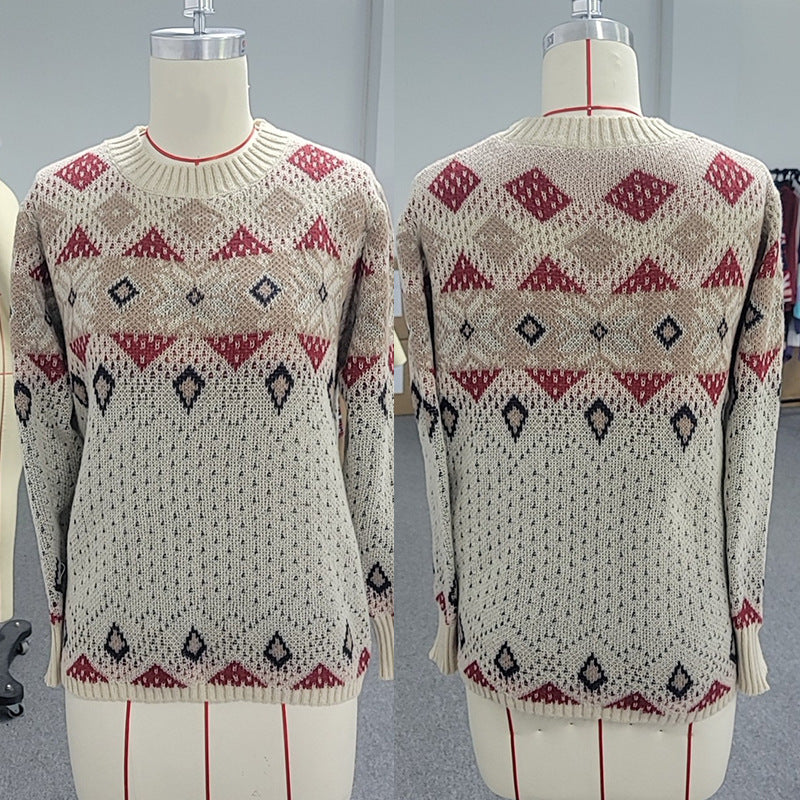 Damen Pullover mit geometrischem Rautenmuster und kontrastierenden Farben, warm
