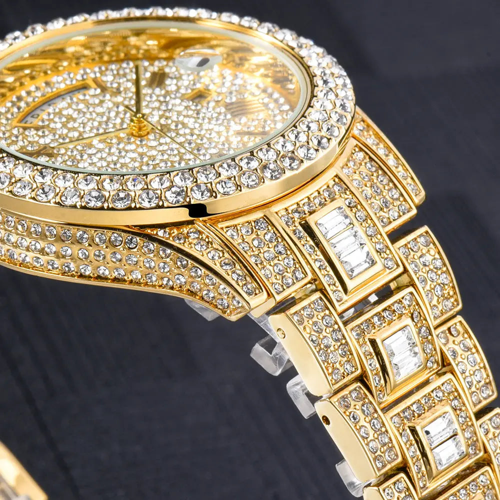 Modische High-End-Doppelkalender-Business-Uhr mit Voll-Diamant-Quarz
