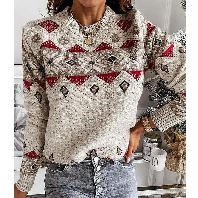 Damen Pullover mit geometrischem Rautenmuster und kontrastierenden Farben, warm