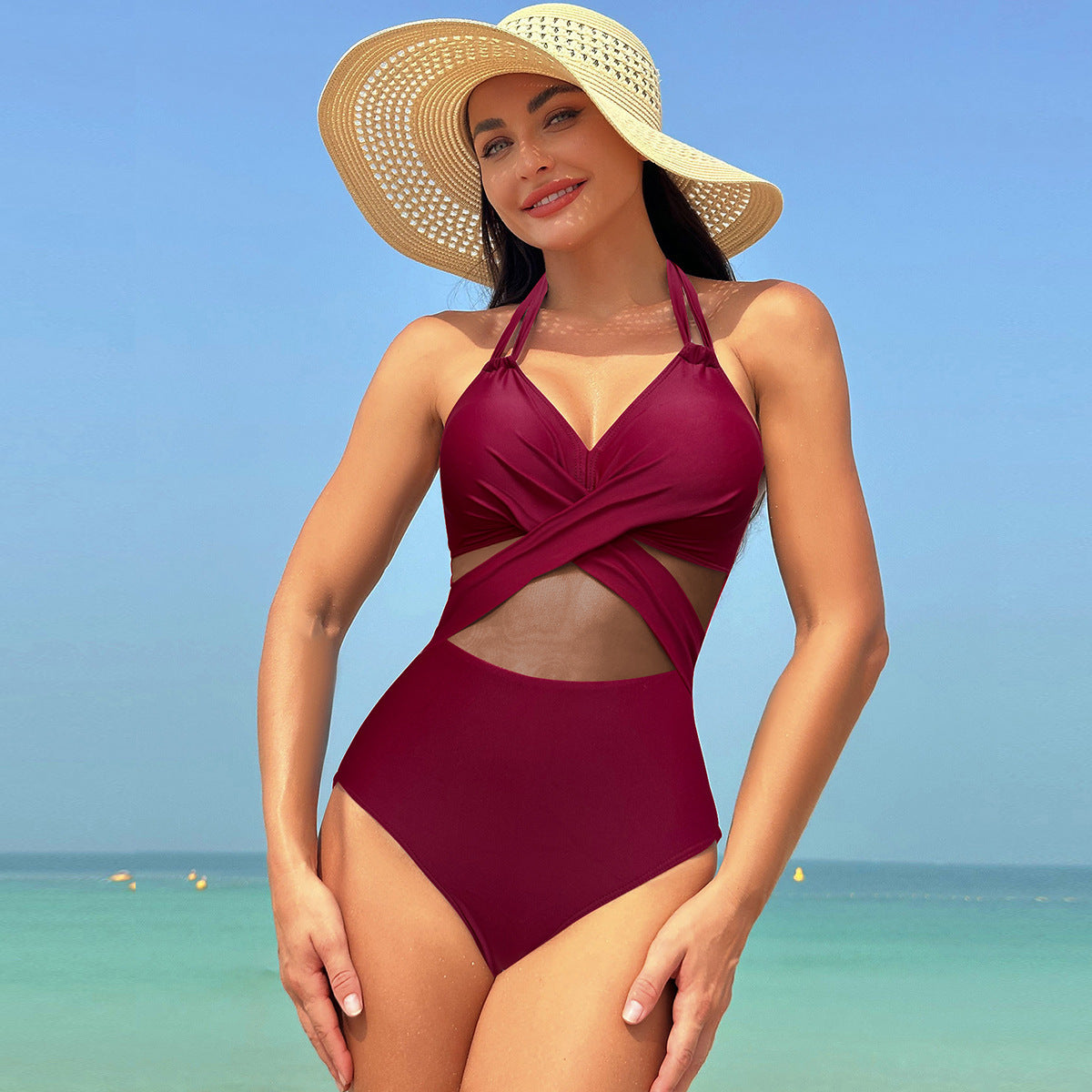 Einteiliger Badeanzug mit Halfter-Ausschnitt und Kreuzgurt-Design für Damen