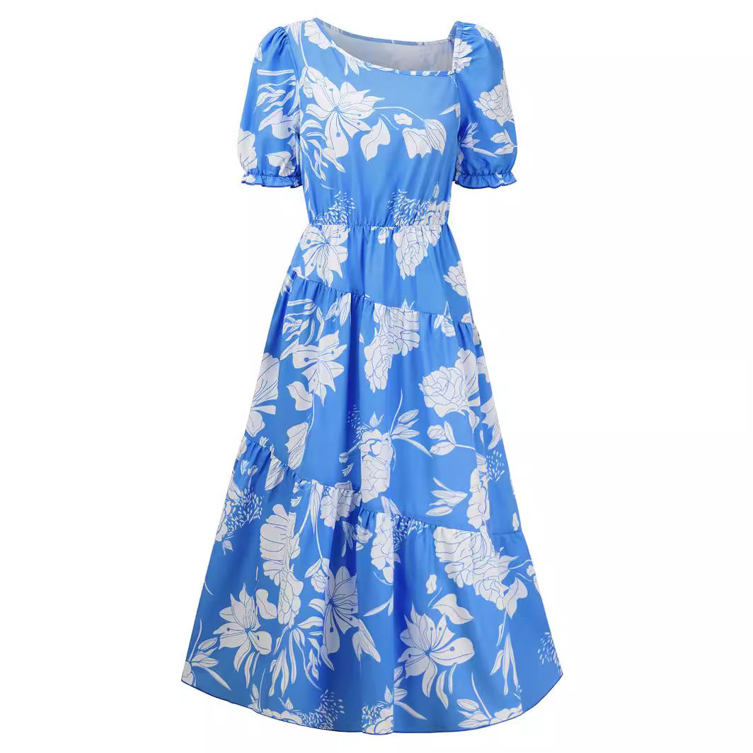 Sommer Casual Damenkleid mit diagonalem Kragen und Blumendruck