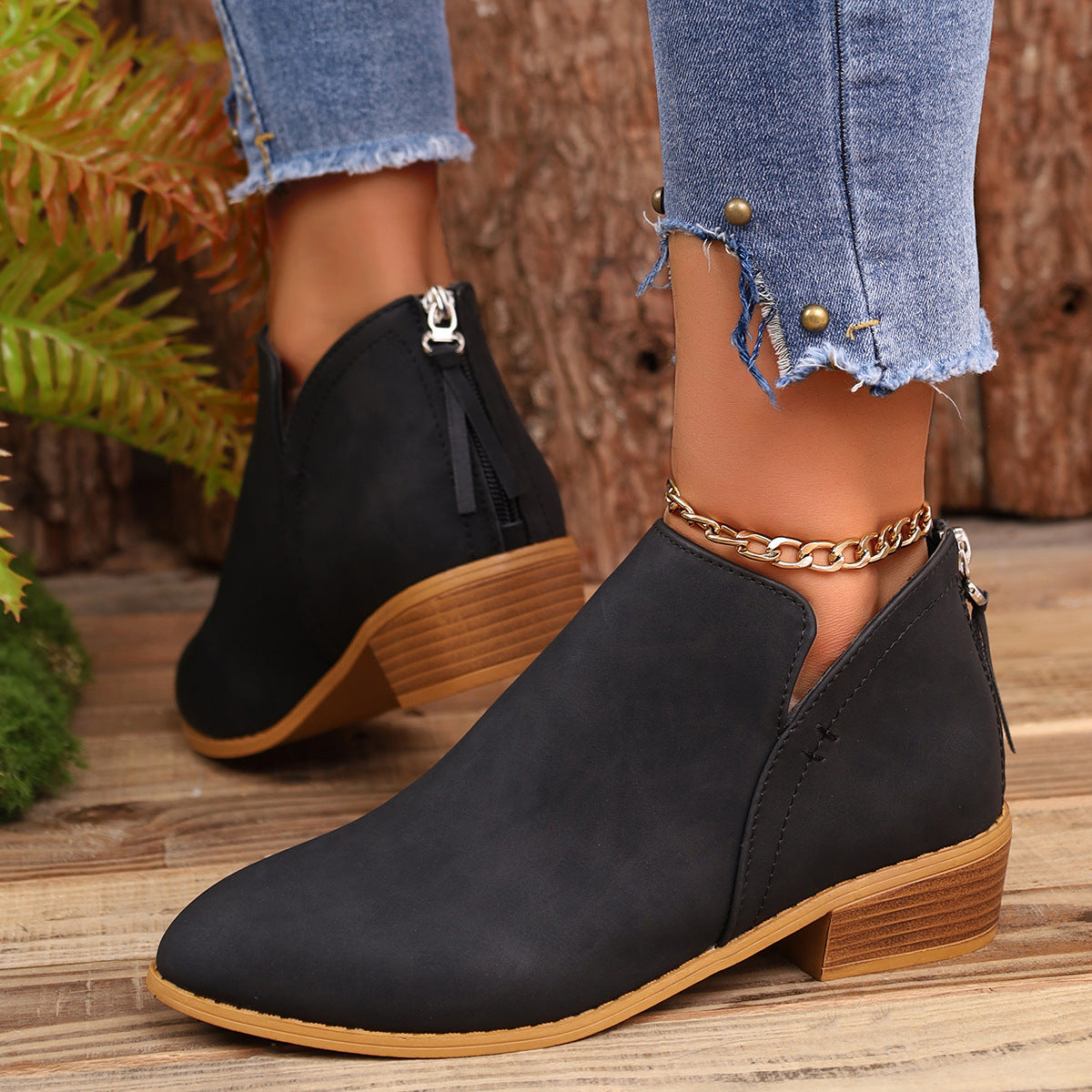 Klobige Ferse V-Schnitt Stiefeletten für Frauen