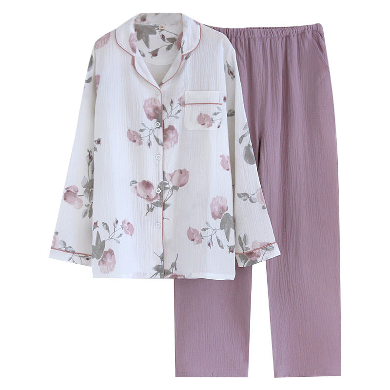 Damen Doppellagiger reiner Baumwollgaze Pastoral Pyjama-Heimanzug