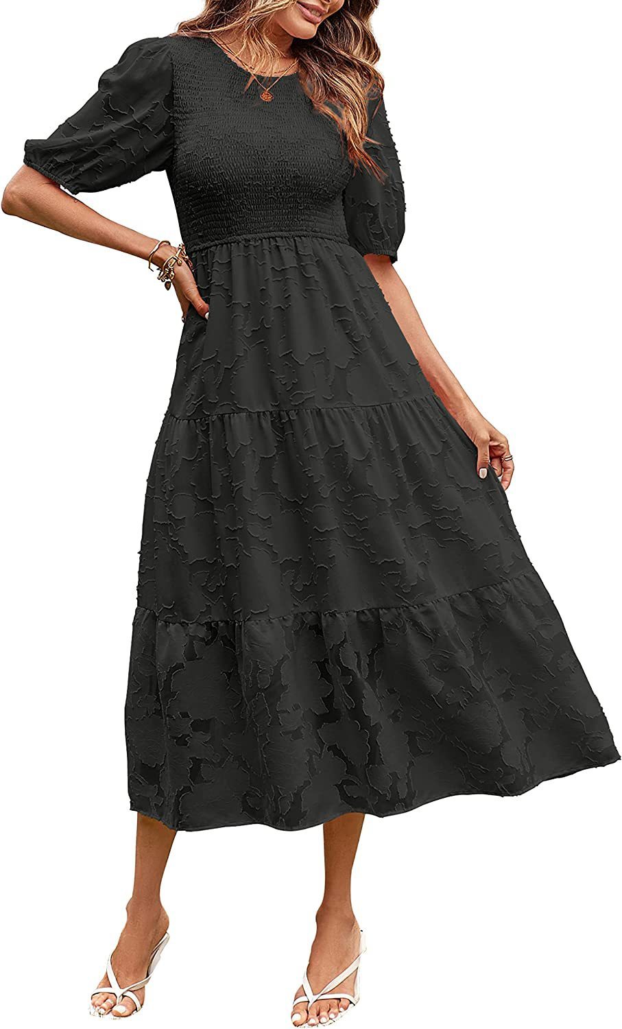 Gefältetes Ballonärmel-Lagenblumenkleid