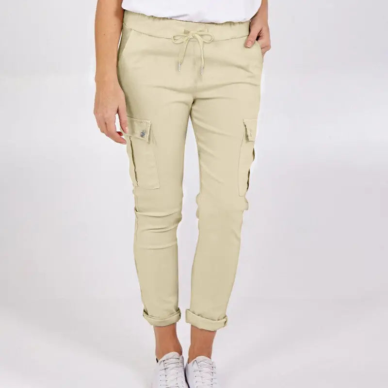 Lässige Cargo-Hose mit Taschen, einfarbig, mit Tunnelzug am Bund, Bleistifthose für Frauen
